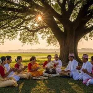 A serene depiction of a traditional Assamese village scene at dawn, with a group of Indian villagers gathered under a large, ancient tree. They are dressed in vibrant traditional Assamese attire, featuring colorful gamusas and mekhela chadors in shades of saffron, maroon, and peacock blue. In the center, a woman gracefully plays a traditional instrument, surrounded by others clapping and singing with joy. The backdrop showcases lush green fields and a distant view of the Brahmaputra River. The sky is painted in soft pastel hues of pink and gold, with ethereal rays of sunlight filtering through the leaves, casting a divine glow. Intricate patterns of Assamese cultural motifs subtly integrated into the scene, creating a harmonious blend of tradition and modern digital aesthetics. The overall atmosphere is tranquil, capturing the essence of Kamrupi Lokgeet's rich cultural heritage and its deep connection with nature and community.