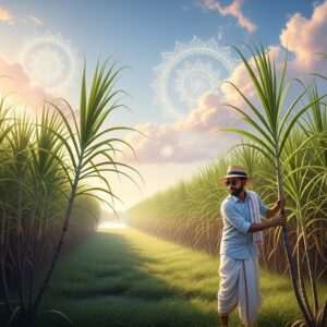A serene, hyper-realistic depiction of a vast Indian sugarcane field at sunrise. The scene features lush, tall green sugarcane stalks swaying gently in the breeze, with golden sunlight filtering through the leaves, casting a warm glow. In the foreground, an Indian farmer in traditional attire (dhoti and kurta) with a modern twist (stylish hat and sunglasses) examines the sugarcane with a sense of pride and curiosity. The backdrop showcases a soft pastel sky, transitioning from pale pink to soft blue, with glowing mandalas subtly embedded in the clouds. A gentle river winds through the landscape, reflecting the sky's colors. The overall tone is tranquil and ethereal, inviting readers to explore the cultural significance of sugarcane varieties.