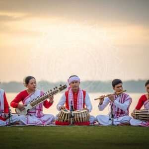An enchanting scene of a serene riverside setting in Assam, with lush green landscapes and the tranquil Brahmaputra River flowing gently. In the foreground, a group of Indian musicians are gathered, dressed in traditional Assamese attire with intricately woven patterns. They are playing traditional instruments like the dotara and flute, their faces lit with expressions of deep passion and concentration. The backdrop features a large, ethereal mandala subtly glowing in pastel hues, symbolizing the cultural richness of Kamrupi Lokgeet. The sky is adorned with soft, warm golden light reflecting the dawn of a new day, enhancing the spiritual and serene atmosphere. This hyperrealistic artwork captures the essence of Kamrupi Lokgeet's legendary voices with a touch of modern digital aesthetics.