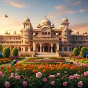 An enchanting scene capturing the essence of Kapurthala's legacy: A majestic, intricately designed palace inspired by Indo-Saracenic architecture stands proudly under a vast, pastel sky. In the foreground, lush gardens bloom with vibrant marigolds and roses, reflecting the richness of Punjab's heritage. Elegant peacocks gracefully wander amidst the greenery, their iridescent feathers complementing the ornate palace facade. The warm glow of the setting sun casts a serene, golden light over the scene, evoking a sense of timeless beauty and tranquility. The art style blends traditional Indian motifs with a modern digital aesthetic, highlighting intricate patterns and cultural symbols in a hyperrealistic manner. The image conveys a sense of discovery and wonder, inviting viewers to delve into the history and charm of Kapurthala.