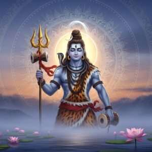 A majestic depiction of Lord Shiva in a serene, ethereal setting. Lord Shiva stands tall with three eyes, his third eye glowing with divine energy. He holds a trident in one hand and a damaru (drum) in the other. His matted hair is tied up with a crescent moon and the holy river Ganga flowing through it. Around his neck is a garland of Rudraksha beads. His skin is ash-smeared, and he wears a tiger skin. The backdrop features a glowing, intricate mandala with soft, pastel hues of blue and gold, surrounded by a tranquil, misty ambiance. In the foreground, lotus flowers float on calm water surfaces, and a subtle halo of light emanates around Shiva, symbolizing his power and tranquility. The entire scene is set against a twilight sky, creating an atmosphere of deep spirituality and reverence.