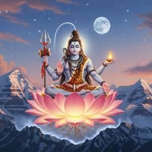 A serene, ethereal depiction of Lord Shiva meditating on a majestic, glowing lotus flower atop Mount Kailash. The scene is illuminated by a mystical, soft moonlight that casts a gentle, warm glow over the surroundings. Shiva, with his iconic crescent moon on his forehead and blue throat, is depicted with four arms; one hand holds a trident, another a damaru (drum), the third in a blessing gesture, and the fourth holding a small flame. A serene expression adorns his face, symbolizing tranquility and spiritual depth. The background features a sky filled with pastel-colored clouds and twinkling stars. The icy peaks of Mount Kailash are visible in the distance, partially enveloped in mist. The art style is hyperrealistic, blending traditional Indian elements with modern digital aesthetics, focusing on deep colors and intricate patterns to evoke a sense of divine presence and spiritual enlightenment.