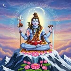 A serene and ethereal depiction of Lord Shiva seated in a meditative posture atop Mount Kailash, enveloped in a soft, glowing aura. He has four hands, holding a trident in one, a damaru (drum) in another, with the other two hands in a blessing mudra. His blue skin is radiant against a backdrop of swirling, pastel-colored clouds and a glowing crescent moon above his head. The atmosphere is tranquil and spiritual, with subtle, intricate patterns reminiscent of Madhubani art forming a halo around him. The scene is enriched with blooming lotus flowers at his feet and a gentle cascade of water flowing from his matted hair. The overall tone is of peace and divinity, inviting readers into the sacred essence of Mahashivratri.
