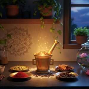 A serene, hyperrealistic scene of an Indian kitchen with soft, warm lighting. In the center, a traditional brass mortar and pestle filled with cloves, surrounded by small dishes of spices like saffron, cardamom, and cinnamon. A gentle, ethereal glow emanates from the cloves, casting a golden halo. The backdrop features a delicate mandala pattern subtly blending into the wall, adding a spiritual touch. The kitchen is adorned with lush, green plants and an elegant glass jar filled with water and floating lotus flowers. The atmosphere is tranquil and inviting, emphasizing the harmony and mindfulness associated with consuming cloves correctly.