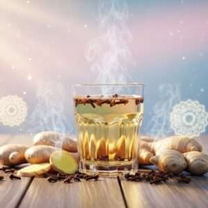A serene, ethereal scene featuring a crystal-clear glass of ginger and clove-infused water, set on a wooden table. The glass is surrounded by fresh ginger roots and aromatic cloves, with steam gently rising from the water, creating a calming, warm atmosphere. In the background, a soft-focus blend of pastel-colored hues like pale pink and soft blue, with glowing mandalas subtly visible, enhancing the spiritual and harmonious tone. The lighting is soft and warm, casting gentle reflections and emphasizing the natural ingredients' textures. The art style is hyperrealistic with a touch of modern digital aesthetics, drawing viewers into the tranquil beauty of natural wellness.