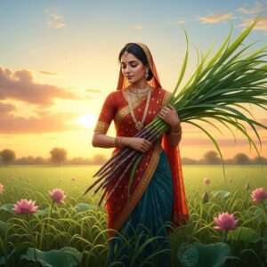 A serene and ethereal scene depicting an Indian woman in traditional attire, gently holding a bundle of lush sugarcane stalks. She stands in a verdant field bathed in the soft, golden glow of a setting sun, with intricate patterns of lotus flowers and mandalas subtly woven into the landscape. The sky is a blend of pastel hues, with glowing, translucent clouds and gentle beams of light creating a tranquil atmosphere. Her expression is peaceful, embodying the harmony and vitality that sugarcane represents. The art style is hyperrealistic, combining traditional Indian aesthetics with modern digital elements, emphasizing the cultural heritage and health benefits of sugarcane as nature's elixir.