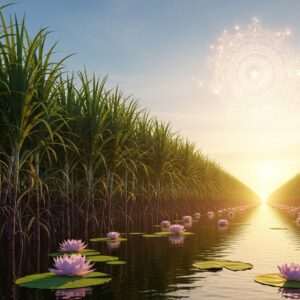 A serene, ethereal landscape featuring a lush sugarcane field bathed in the soft glow of a rising sun. The sugarcane stalks are depicted with intricate patterns reminiscent of traditional Indian art, showcasing deep greens and golden hues. In the foreground, a tranquil, reflective water surface mirrors the sky's warm pastel colors, enhancing the peaceful atmosphere. A subtle, glowing mandala floats in the sky, symbolizing harmony and health. The scene exudes an aura of natural healing and tranquility, with delicate lotus flowers gently floating on the water. The art style should be hyperrealistic with a touch of digital fantasy, blending traditional motifs with modern aesthetics.