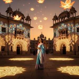 A serene, ethereal depiction of Amritsar's Heritage Street at dusk, bathed in soft, warm golden light. The street is adorned with glowing mandalas and floating lotus flowers, casting an aura of tranquility. In the foreground, a peaceful Indian woman in a flowing, pastel-colored saree (soft blue and pale pink) stands gracefully, her eyes closed in meditation. The air around her shimmers with a surreal glow, enhancing the sense of spirituality. The intricate architecture of the heritage buildings in the background is highlighted, with subtle touches of modern digital aesthetics blending traditional motifs like peacock feathers and cultural patterns. The scene captures a harmonious balance between tradition and modernity, inviting viewers to explore their spiritual path amidst the peaceful ambiance.