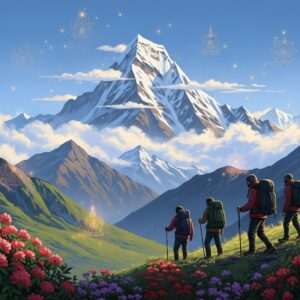 A breathtaking view of the sacred Pahunri peak in Sikkim, captured in a serene, ethereal art style. The majestic mountain stands tall under a clear, azure sky, with soft, pastel-colored clouds gently caressing its snow-capped summit. The foreground features lush green valleys and vibrant rhododendron blooms, creating a vivid contrast against the pristine white of the peak. A group of Indian trekkers in modern trekking attire, adorned with traditional Sikkimese motifs, are depicted mid-journey, exuding a sense of adventure and reverence. The scene is bathed in warm golden light, with subtle glowing mandalas in the sky symbolizing spiritual significance. The overall tone is tranquil and awe-inspiring, capturing both the natural beauty and the spiritual essence of Pahunri.
