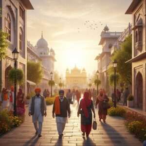 A serene, photo-realistic scene of Amritsar's Heritage Street at dawn, bathed in soft, warm golden light. The street is bustling with life; Indian pilgrims in traditional attire walk along the vibrant path, surrounded by beautifully restored historical buildings with intricate architecture. The Golden Temple can be seen in the distance, its dome glowing softly under the early morning sun. Intricate patterns inspired by Madhubani art subtly adorn the facades of the buildings, blending tradition with a modern digital aesthetic. Lush greenery and colorful flowers line the street, enhancing the spiritual ambiance. The atmosphere is peaceful and inviting, with a sense of reverence and anticipation for the journey ahead.