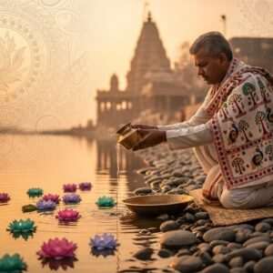 In a serene and ethereal setting, an Indian man in traditional attire performs the Pitru Paksha Shradh rituals at a sacred riverbank during twilight. He is depicted offering water and flowers to his ancestors, surrounded by softly glowing mandalas and delicate lotus flowers on the calm water surface. The scene is bathed in warm golden and pastel hues, creating a tranquil, spiritual atmosphere. The background features an ancient temple partially obscured by mist, with intricate patterns reminiscent of Madhubani art subtly woven into the scene. The overall composition conveys reverence, peace, and a deep connection with ancestral traditions.