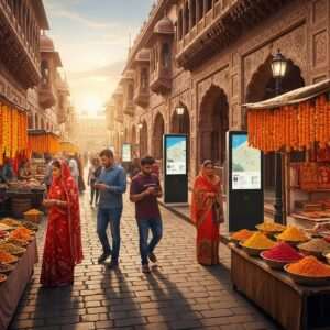 A vibrant street scene set in Amritsar in 2026, showcasing a successful blend of tradition and modernity. The street is bustling with life, featuring beautifully restored colonial-era buildings with intricate facades and arches, adorned with traditional Indian motifs. Street vendors in colorful attire sell local crafts and spices, their stalls decorated with marigold garlands. Modern elements like digital kiosks and contemporary street lighting harmonize with the heritage ambiance. In the foreground, a group of Indian families and tourists, dressed in a mix of traditional and modern clothing, stroll along the cobblestone path, capturing the essence of cultural revival. The scene is bathed in warm, golden light, enhancing the rich colors and creating a welcoming, inviting atmosphere. The art style should be hyperrealistic with elements of digital fantasy, capturing the spirit of preservation and innovation.