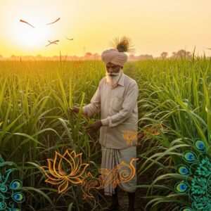 In a serene Indian sugarcane field, a wise Indian farmer clad in traditional attire stands gracefully, applying ancient pest management techniques. The scene is bathed in the warm, golden light of the setting sun, casting a spiritual glow over the lush green sugarcane. Intricate patterns and cultural motifs subtly merge into the landscape, with stylized lotus flowers and mandalas softly embedded into the field's textures. The farmer's face reflects wisdom and determination, his hands skillfully working amidst the crops. The atmosphere is ethereal and tranquil, with a gentle breeze swaying the sugarcane leaves. The art style combines rich colors like saffron and peacock blue, integrating traditional Indian art forms with modern digital aesthetics. The overall tone is one of mindfulness and reverence for the sacred crop, encouraging readers to explore traditional methods of safeguarding their harvest.