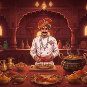 A grand, opulent Rajasthani kitchen scene filled with vibrant colors and rich textures. A regal Indian chef in traditional attire, with an elaborate turban and intricate jewelry, stands gracefully by a large, ornate cooking pot. The kitchen is adorned with traditional Rajasthani motifs and intricate patterns on the walls, reminiscent of a royal palace. Various spices in golden bowls, like saffron, turmeric, and cumin, are artistically arranged around the chef, exuding a mystical aura. The atmosphere is warm and inviting, with soft, glowing lights illuminating the room. A peacock blue and maroon palette adds to the royal ambiance. The chef is meticulously garnishing a dish with fresh herbs, and there's a sense of aroma and flavor wafting through the air, as if inviting the viewer to partake in this culinary journey. The style merges traditional Indian art with modern digital aesthetics, emphasizing the rich cultural heritage and allure of Rajasthani cuisine.