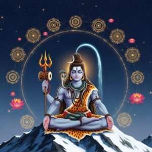 A serene and ethereal scene depicting Lord Shiva in a meditative pose atop Mount Kailash, with his third eye glowing softly. He is adorned with a crescent moon on his head, a serpent coiled around his neck, and the Ganges flowing from his hair. In his hands, he holds a trident and a damaru (drum), each radiating a gentle light. Around him, glowing mandalas and lotus flowers float in the air, creating a mystical atmosphere. The background features a tranquil night sky with stars, symbolizing the sacredness of Shivratri and Mahashivratri. The art style blends traditional Indian motifs with modern digital aesthetics, featuring rich colors like deep blue, gold, and maroon, invoking a sense of spirituality and reverence.