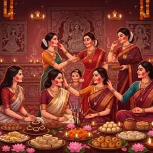 A serene and vibrant depiction of a traditional Bengali family celebrating Vijaya Dashami. The scene is set in an ornately decorated room with intricate Madhubani and Pattachitra patterns on the walls. A group of elegantly dressed Indian women in rich maroon and gold sarees are performing the Sindoor Khela ritual, joyously applying vermillion on each other's faces. The room is adorned with glowing diya lamps and lotus flowers, with soft pastel colors illuminating the space. A table laden with traditional Bengali sweets like Sandesh and Rasgulla is placed in the foreground, symbolizing the sweet traditions of the festival. The atmosphere exudes warmth, spirituality, and a sense of togetherness, capturing the essence of this joyous occasion in a hyperrealistic digital art style.