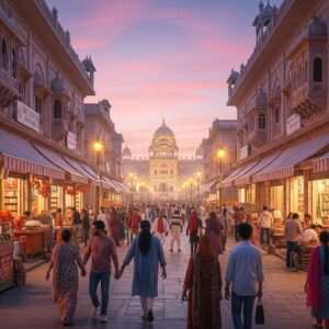 An enchanting scene of Amritsar's vibrant Heritage Street in 2026, bustling with life. The street is lined with traditional Indian shops, adorned with colorful awnings and intricate carvings, capturing a blend of history and modernity. The air is filled with tantalizing aromas of sizzling street food, with vendors preparing delicious treats like jalebis and samosas. People, dressed in a mix of contemporary and traditional Indian attire, stroll through the street, creating a lively atmosphere. Golden lights and warm hues illuminate the scene, with a backdrop of an ornate temple dome in the distance, casting an ethereal glow. The sky transitions to a serene twilight, painted in pastel shades of pink and purple, enhancing the magical ambiance. The image should be hyper-realistic with a touch of surrealism, inviting viewers to experience the essence of Amritsar's cultural and culinary heritage.