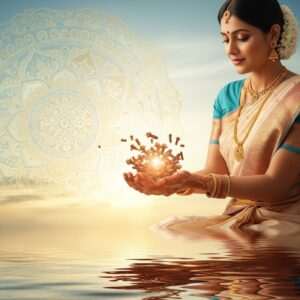 A serene, ethereal scene featuring an Indian woman in traditional attire, surrounded by a tranquil setting of soft, pastel colors like pale pink and warm gold. She gently holds a cluster of cloves in her hands, with a subtle, glowing aura emanating from them. The background is adorned with calming elements such as a soft blue sky with delicate clouds and a large, intricate mandala symbolizing harmony and wellness. Nearby, a calm water surface reflects the scene, enhancing the sense of tranquility. The lighting is gentle and diffused, casting a warm glow over the entire image, creating an atmosphere of natural healing and mindfulness. The art style is hyperrealistic, with a surreal touch to emphasize the soothing and therapeutic qualities of cloves.