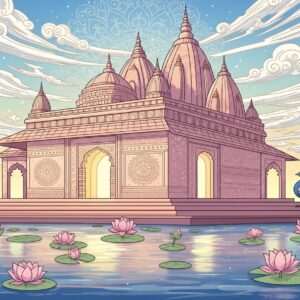 A serene and ethereal depiction of Dimapur's spiritual landscape. The scene captures a peaceful riverside temple at dawn, with intricate Madhubani-style patterns adorning the temple walls. Soft pastel hues of pale pink and warm gold bathe the scene, while gentle, glowing lights emanate from the temple, casting reflections on calm water surfaces. Lotus flowers float gracefully along the river, and a peacock is perched nearby, adding a touch of Indian cultural symbolism. The sky is adorned with stylized clouds and a faint mandala in the background, creating an atmosphere of tranquility and mindfulness. The overall art style merges traditional Indian art forms with modern digital aesthetics, emphasizing spirituality and harmony.