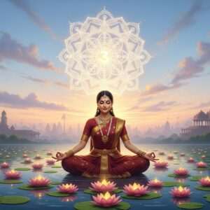 A serene, ethereal scene depicting a radiant Indian woman in traditional attire, seated gracefully in meditation amidst a tranquil lotus pond. The surroundings are illuminated with a soft golden glow, with delicate pastel hues of blue and pink in the sky. Above her, a large, intricately detailed mandala glows warmly, symbolizing spiritual awakening. She is surrounded by floating lotus flowers, each radiating a gentle light. In the background, faint silhouettes of ancient temples blend with the modern skyline, representing the timeless blend of tradition and contemporary spirituality. The atmosphere is peaceful, inviting, and filled with an aura of empowerment and mindfulness.