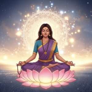 A serene Indian woman meditating on a lotus flower, surrounded by a mystical aura of soft, glowing lights in pastel hues of pale pink, warm gold, and soft blue. Her eyes are gently closed, embodying tranquility and inner peace. Behind her, a large ethereal mandala emits a gentle glow, symbolizing spiritual awakening. In her hands, she holds prayer beads, symbolizing devotion. The background features a dreamlike landscape with delicate, shimmering patterns reminiscent of traditional Indian art forms like Madhubani and Phad, merging seamlessly with a modern digital aesthetic. The atmosphere is calm and empowering, inviting the viewer to explore the depths of spiritual practices on Vijaya Dashami.