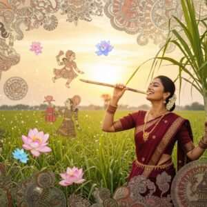 A serene Indian landscape with lush sugarcane fields under a warm, golden sky. In the foreground, an elegantly dressed Indian woman in a deep maroon saree is joyfully enjoying a stalk of sugarcane. She is adorned with traditional gold jewelry, and her expression is one of contentment and nostalgia. Around her, subtle glowing mandalas and soft pastel-colored lotuses float, adding a spiritual and mystical aura to the scene. The intricate patterns of Madhubani and Pattachitra art subtly embellish the background, blending tradition with a modern digital aesthetic. The overall atmosphere is tranquil and inviting, evoking curiosity about the cultural significance and stories behind sugarcane consumption.