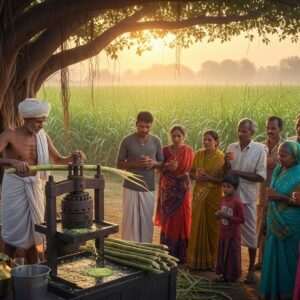 A serene Indian village scene at dawn, with a traditional sugarcane juice stall under a large, ancient banyan tree. The vendor, an elderly Indian man with a kind face, wears a simple white dhoti and turban, skillfully pressing fresh sugarcane in an old-fashioned wooden juicer. The juice flows into a brass vessel, glowing in the soft golden morning light. A group of diverse Indian people of different ages gather around, eagerly holding clay cups. In the background, lush green sugarcane fields stretch towards the horizon, bathed in the warm hues of sunrise. The scene is hyper-realistic, with intricate details like dewdrops on the sugarcane leaves and delicate henna patterns on the hands of the women in vibrant sarees. The atmosphere is one of harmony and tradition meeting the present, evoking curiosity about the blend of ancient wisdom and modern health debates.