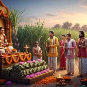 A serene Indian village setting during a vibrant festival, with fields of lush green sugarcane swaying gently in the background. In the foreground, an intricately decorated altar with golden and saffron hues, featuring bundles of sugarcane tied with marigold garlands and lotus flowers. A group of Indian men and women dressed in traditional attire (sarees and dhotis) are engaged in a ritual, their faces lit by soft, ethereal light. The scene is alive with warm pastel colors like pale pink and warm gold, creating a tranquil yet festive atmosphere. Soft glowing lights surround the altar, emphasizing the sacredness of sugarcane in the celebration. The art style is a blend of hyperrealism and digital fantasy, capturing the essence of spirituality and tradition with a modern touch.