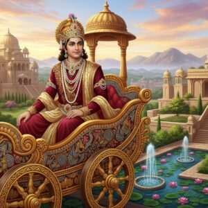 In a vibrant, ethereal depiction, King Uśīnara stands regally on a golden chariot adorned with intricate Madhubani patterns, his presence commanding and serene. He is dressed in a richly detailed, royal Indian attire of deep maroon and gold, his crown gleaming with jewels. The backdrop reveals an expansive, ancient Indian kingdom with majestic palaces and lush landscapes, bathed in the soft glow of a pastel-hued sunset. Traditional motifs like lotus flowers and mandalas are subtly woven into the scene, emphasizing the cultural richness. Peacocks roam gracefully in the foreground, their feathers shimmering in peacock blue and emerald. The atmosphere is one of timeless grandeur and tranquility, blending the legacy of history with a modern digital aesthetic.