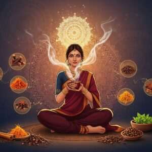 An intricately detailed digital illustration of an elegant Indian woman seated in a serene, tranquil setting. She is gracefully holding a steaming cup of clove tea, with wisps of aromatic steam swirling into the air, forming delicate, glowing mandalas above her. The scene is bathed in soft, warm golden light, with a subtle peacock blue and maroon backdrop featuring intricate Madhubani patterns. Around her, various elements symbolize the health benefits of clove, such as stylized representations of the spice itself, depicted in vibrant saffron and gold. The woman is dressed in a traditional yet contemporary fusion attire, blending rich cultural motifs with modern aesthetics. Her expression is serene and reflective, embodying a sense of mindfulness and well-being. The overall tone is ethereal and spiritual, inviting the viewer into a world of tranquility and healing.
