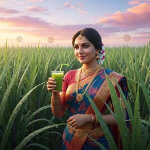 A serene, hyperrealistic scene featuring an Indian woman in a traditional saree, gently holding a glass of freshly squeezed sugarcane juice. She stands amidst a lush sugarcane field under a soft pastel sky, with rays of warm sunlight filtering through the tall, green stalks. Her expression is calm and content, reflecting the soothing benefits of the drink. The scene includes traditional motifs like small mandalas subtly integrated into the background and hints of gold accents on her attire. The setting exudes tranquility and a sense of refreshing coolness, with delicate drops of dew glistening on the sugarcane leaves. The overall composition blends elements of heritage and modern digital aesthetics, capturing both the cultural significance and contemporary appeal of sugarcane juice traditions.