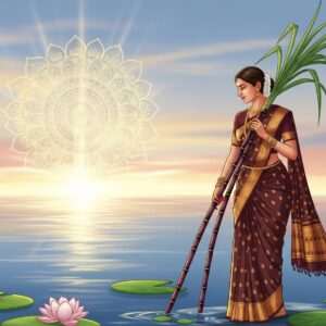 A serene and ethereal image of an Indian woman dressed in a traditional saree in rich maroon and gold, holding a bundle of sugarcane stalks. She stands gracefully beside a tranquil water body, with soft, glowing pastel lights illuminating her figure. In the background, an intricately detailed, golden mandala hovers above the water, casting a warm, divine glow. Lotus flowers float delicately on the water's surface, enhancing the spiritual ambiance. The sky is painted with gentle hues of dawn - soft blues and pale pinks - with a hint of warm gold. The overall scene exudes tranquility, spirituality, and reverence, symbolizing the sanctity of sugarcane in Hindu rituals. The art style blends traditional motifs with modern digital aesthetics, ensuring a captivating and harmonious composition.