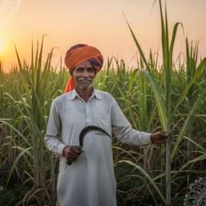An Indian farmer with a peaceful expression, wearing a traditional turban and kurta, stands proudly in a vast, lush sugarcane field under a golden sunrise. The sugarcane plants are tall and healthy, with dew glistening on their green leaves. In the background, a soft, ethereal glow bathes the scene, with pastel hues of pink and gold in the sky. The farmer holds a sickle in one hand, symbolizing harvest, while his other hand touches the top of a sugarcane stalk, showing a connection to the earth. The scene embodies serenity and abundance, with subtle patterns of lotus flowers and mandalas woven into the landscape, reflecting a harmonious blend of tradition and modernity. The art style is hyperrealistic with a serene and surreal touch, inviting viewers to explore the wisdom of the land and agriculture.