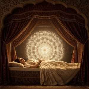 A serene, ethereal scene depicting Mumtaz Mahal, the beloved queen of Shah Jahan, in her final moments. She is portrayed lying gracefully on a beautifully adorned bed, surrounded by an aura of tranquility and peace. Her face exudes a serene expression, hinting at her noble soul. The setting is a blend of Mughal architecture with intricately carved arches and soft draperies in rich maroon and gold hues, symbolizing royalty. Soft, glowing lights gently illuminate the scene, creating a peaceful atmosphere. In the background, a delicate, glowing mandala subtly symbolizes the eternal journey of the soul. The image captures the essence of love, loss, and timeless beauty with a modern digital aesthetic.