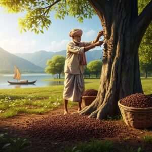 In a lush, ancient spice garden, an Indian farmer in traditional attire carefully harvests cloves from a tall, fragrant clove tree. The scene is bathed in warm, golden sunlight filtering through the leaves, casting intricate patterns on the ground. Surrounding the farmer are baskets overflowing with freshly picked cloves, their rich brown color contrasting with the deep green foliage. A distant view of rolling hills and a calm, reflective water body adds depth and serenity to the setting. The art style should be hyperrealistic with a touch of modern digital aesthetics, capturing the essence of a bygone era while embracing contemporary design elements. The overall atmosphere conveys a sense of tranquility, heritage, and the timeless journey of this treasured spice.