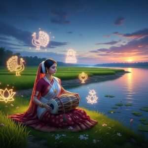 An ethereal scene depicting the poetic heart of Assam, showcasing a serene landscape with lush, green paddy fields and the Brahmaputra River gently flowing under a twilight sky. In the foreground, an elegant Assamese woman in traditional attire (mekhela chador) is seated gracefully on the riverbank, playing a traditional dhol drum. Her attire features intricate patterns reminiscent of Assamese textiles, in deep maroon and gold hues. Surrounding her are delicate, glowing motifs of Assamese cultural symbols, like peacocks and lotus flowers, hovering in the air, adding a mystical aura. The scene is illuminated with soft, warm light reflecting off the water's surface, creating a tranquil and harmonious ambiance. The art style is hyperrealistic with a surreal touch, capturing both the cultural richness and the poetic essence of Kamrupi Lokgeet.