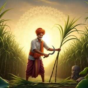 A serene, ethereal scene depicting a lush Indian sugarcane field at sunrise, with warm golden light filtering through tall, verdant stalks. In the foreground, a traditional Indian farmer in a vibrant maroon and saffron dhoti, with a turban, is gently harvesting sugarcane. The farmer's hands are skillfully cutting the cane with an antique sickle, while his face shows a calm, content expression. The background features a softly glowing mandala in the sky, symbolizing the spiritual connection to the land. A few lotus flowers are subtly incorporated at the edges, and there are hints of ancient motifs woven into the scene. The overall art style is hyperrealistic with a touch of modern digital aesthetics, featuring deep colors and intricate patterns to highlight India's rich sugarcane heritage.
