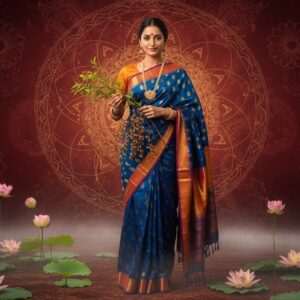 A serene, ethereal scene featuring an elegant Indian woman in a traditional saree of peacock blue and saffron, gracefully holding a branch of cloves. The background is an enchanting blend of modern digital aesthetics and traditional Indian art, with intricate patterns and mandalas subtly woven into the backdrop. The environment is illuminated by a soft, warm glow, highlighting the richness of maroon and gold hues. Surrounding her are delicate lotus flowers and a gentle mist, creating a dreamlike atmosphere. The woman's expression is serene and empowering, symbolizing the healing and sacred nature of cloves. The overall composition is hyperrealistic with a touch of fantasy, capturing the essence of tranquility and empowerment.