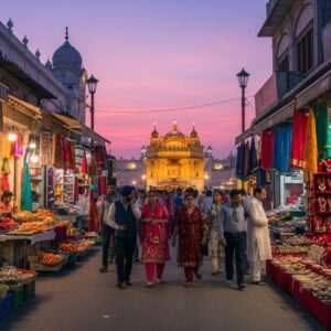 A bustling scene depicting Amritsar's Heritage Street at twilight, alive with the vibrancy of local culture. On one side, colorful stalls display an array of traditional Punjabi foods, with rich aromas wafting through the air. Opposite, a collection of artisan shops showcase intricately crafted goods, from vibrant textiles to traditional jewelry. In the distance, the majestic Golden Temple glows softly, its reflection shimmering in the sacred water. The sky is a serene gradient of pastel pinks and purples, casting a warm glow over the scene. Traditional Indian motifs subtly weave through the image, enhancing the cultural richness. Indian people, dressed in modern yet traditionally inspired attire, stroll through the street, embodying a sense of exploration and discovery. The art style is hyperrealistic with a touch of ethereal fantasy, incorporating deep saffron and peacock blue hues to enhance the cultural essence.