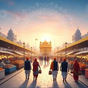 A serene, ethereal view of Amritsar's Heritage Street at dawn, bathed in a soft golden glow. The scene is bustling with lively food stalls showcasing vibrant Indian spices and traditional Punjabi street foods, all under intricately patterned canopies. The street leads towards the majestic Golden Temple, illuminated by the early morning light reflecting off its golden dome. In the foreground, Indian characters dressed in traditional attire walk along the path, their expressions filled with awe and spirituality. Soft pastel hues of pink and blue in the sky add to the dreamlike quality. Elements like lotus flowers and subtle mandala patterns are woven into the architecture, blending traditional Indian art with a modern digital aesthetic. The overall atmosphere is one of cultural richness, tranquility, and reverence, inviting viewers to explore further.
