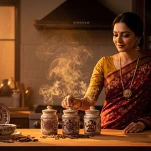 A beautifully set Indian kitchen scene with a focus on three intricately detailed spice jars containing cloves, cardamom, and cinnamon, each jar adorned with traditional Indian patterns like Madhubani and Phad art. The spices are artistically arranged on a wooden counter with a backdrop of a softly glowing mandala. The air appears rich with aromatic swirls, visible as gentle wisps of golden light. A serene Indian woman in an elegant, modern sari is seen reaching for the spices, her expression one of calm concentration and appreciation. The colors are deep and vibrant, with rich saffron, maroon, and peacock blue tones dominating the scene. The kitchen has a warm, inviting atmosphere, with soft lighting that highlights the textures and intricate details of the spices and patterns. This image should evoke a sense of tradition meeting modernity, reflecting the soul of Indian cuisine in a serene, ethereal manner.