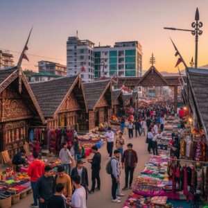 A bustling street scene of Dimapur, showcasing a harmonious blend of traditional Naga culture and modern urban life. In the foreground, a group of young Indian people in contemporary attire are engaged in a vibrant street market, with stalls displaying colorful handicrafts and textiles. In the background, traditional Naga architecture with intricate wooden carvings is juxtaposed with sleek modern buildings. The sky is painted in soft pastel hues as the sun sets, casting a warm glow over the scene. Elements like traditional Naga motifs and symbols subtly integrated into the design provide cultural context, while the overall atmosphere is lively yet serene, emphasizing the city's unique identity and spirit.