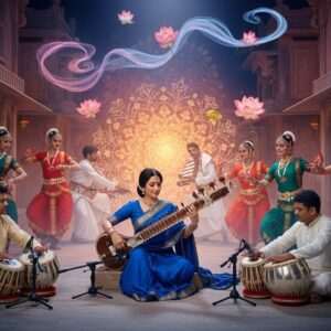 An ethereal scene depicting a vibrant Indian marketplace filled with musicians and dancers, showcasing the diversity of languages and music. In the center, an elegant Indian woman in a traditional saree, playing a sitar, surrounded by tabla players and flute musicians. The backdrop features an intricately designed mandala, glowing softly with hues of gold, saffron, and peacock blue. The scene is adorned with cultural motifs like lotus flowers and swirling patterns in the air. In the background, a group of dancers in colorful attire performs traditional Indian dances. The atmosphere exudes a surreal and spiritual aura, with soft pastel lights illuminating the scene, creating a harmonious blend of tradition and modernity. The overall tone is serene and inviting, capturing the essence of the subcontinent's cultural soul.