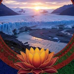 A breathtaking scene of the majestic Pauhunri Glacier, with its icy expanse glowing under the soft, ethereal light of a setting sun. The glacier feeds into a serene, sparkling river that winds gracefully through the landscape, symbolizing the source of life. In the foreground, a large lotus flower blooms on the riverbank, its petals radiant in hues of saffron and maroon. Surrounding the scene are intricate patterns reminiscent of traditional Indian art forms, such as Madhubani and Pattachitra, seamlessly blended with a modern digital aesthetic. The color palette is rich and deep, with touches of gold and peacock blue reflecting off the water's surface. The atmosphere is one of tranquility and spiritual reverence, inviting viewers to reflect on the life-giving power of nature.