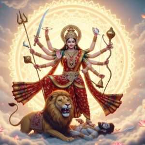 A majestic depiction of the goddess Durga, portrayed with ten arms, each holding a traditional weapon (trident, sword, conch, discus, bow, arrow, mace, bell, lotus, and mudra of blessing). She stands triumphantly atop a fierce lion, her mount, in a dynamic pose of victory over the demon Mahishasura, who lies subdued at her feet. Her attire is a resplendent red and gold saree, with intricate patterns inspired by Pattachitra art. The background features a luminous golden mandala, symbolizing divine energy, surrounded by swirling pastel-colored clouds and glowing lotus petals. The scene exudes a serene yet powerful aura, capturing the essence of Vijaya Dashami’s triumph of good over evil. The overall tone is hyperrealistic with a surreal touch, blending traditional Indian motifs with modern digital artistry.