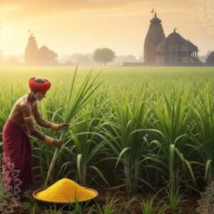 A lush, verdant Indian landscape with a golden-hued sunrise casting a warm glow over sprawling sugarcane fields. In the foreground, a traditional Indian farmer in a vibrant maroon dhoti, adorned with gold bangles, is gently tending to the sugarcane plants, which sway softly in the breeze. The farmer's face is serene and contemplative, capturing a moment of deep connection with the land. In the background, ancient Indian temples with intricate carvings rise majestically, symbolizing the cultural and spiritual significance of sugarcane. The scene is imbued with rich colors like saffron and peacock blue, and intricate patterns reminiscent of Madhubani art are subtly integrated into the landscape. The overall atmosphere is one of reverence and harmony, highlighting the sacred journey of sugarcane in India.