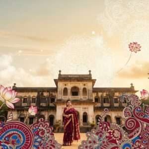 A serene, ethereal scene showcasing Jaynagar Majilpur's heritage. In the foreground, a traditional Bengali woman in an elegant saree stands gracefully, embodying the essence of cultural richness. She is surrounded by intricate, stylized patterns inspired by Madhubani and Pattachitra art, rendered in deep maroon and peacock blue. Behind her, a beautifully preserved historical building from Jaynagar Majilpur looms majestically, its architecture reflecting the town's rich history. The sky is a soft pastel blend of warm gold and pale pink, casting a gentle glow over the scene. Delicate lotus flowers and mandalas subtly integrate into the background, emphasizing a harmonious blend of tradition and modernity. The entire image is hyperrealistic with a surreal touch, designed to captivate and intrigue viewers about the town's cultural legacy.