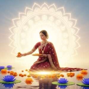 A serene and ethereal depiction of Vijaya Dashami celebration: An Indian woman in a vibrant maroon saree with intricate gold embroidery, performing a traditional ritual. She is surrounded by soft, glowing lights and a backdrop of a large, luminescent mandala, symbolizing prosperity and divine energy. The scene is enriched with saffron and peacock blue lotus flowers floating on a calm water surface, reflecting tranquility and spiritual harmony. The atmosphere is serene, with pastel colors and warm gold tones, creating a surreal and modern digital aesthetic that captures the essence of this auspicious day. The woman's expression is one of devotion and peace, embodying the spirit of the festival.
