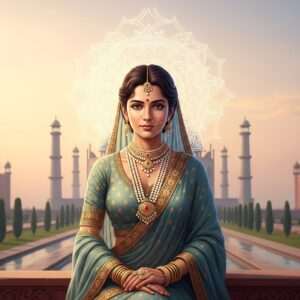 A regal portrayal of Mumtaz Mahal in a serene, ethereal setting, capturing her timeless beauty and grace. She is dressed in an exquisite Mughal-era attire with intricate gold embroidery and adorned with traditional Indian jewelry. The background features a soft, pastel-colored landscape with a gentle, glowing mandala symbolizing her lasting impact. The scene is bathed in warm golden light, creating a tranquil and harmonious atmosphere. The art style blends traditional Indian elements with a modern digital aesthetic, emphasizing the elegance and poise of Mumtaz Mahal against a backdrop that hints at the Taj Mahal's grandeur and her enduring legacy.