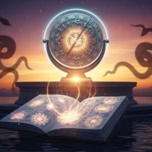 A serene and ethereal depiction of an ancient, intricately carved Indian sundial surrounded by a glowing aura of pastel blue and warm gold light. In the foreground, a traditional Panchang calendar floats gently above calm water surfaces, with luminous, swirling patterns of lotus flowers and mandalas softly emanating from it. A subtle, dreamlike representation of Rahu, with shadowy serpentine forms, is woven into the background, blending seamlessly with the vibrant hues of saffron and maroon. The scene is set during twilight, capturing the transition between light and dark, symbolizing the understanding of auspicious and inauspicious timings. The overall tone is tranquil and inviting, drawing viewers into a world of spiritual exploration and mindfulness.